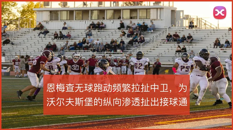 恩梅查无球跑动频繁拉扯中卫，为沃尔夫斯堡的纵向渗透扯出接球通道